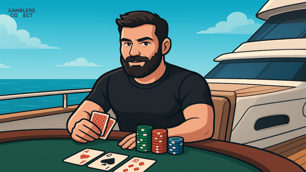 Cartoon rendering of Dan Bilzerian, recognizable by his beard, playing poker on a yacht, reflecting his high-stakes gaming claims and luxury brand.
