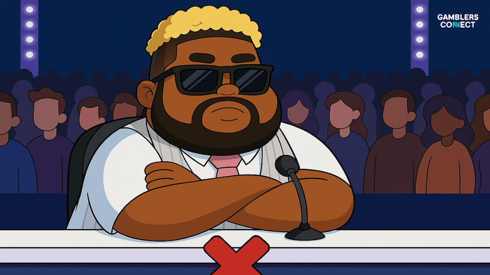 A cartoon of Druski as a judge, embodying his comically inept CEO character from 'Coulda Been Records' during one of his famous live stream auditions.