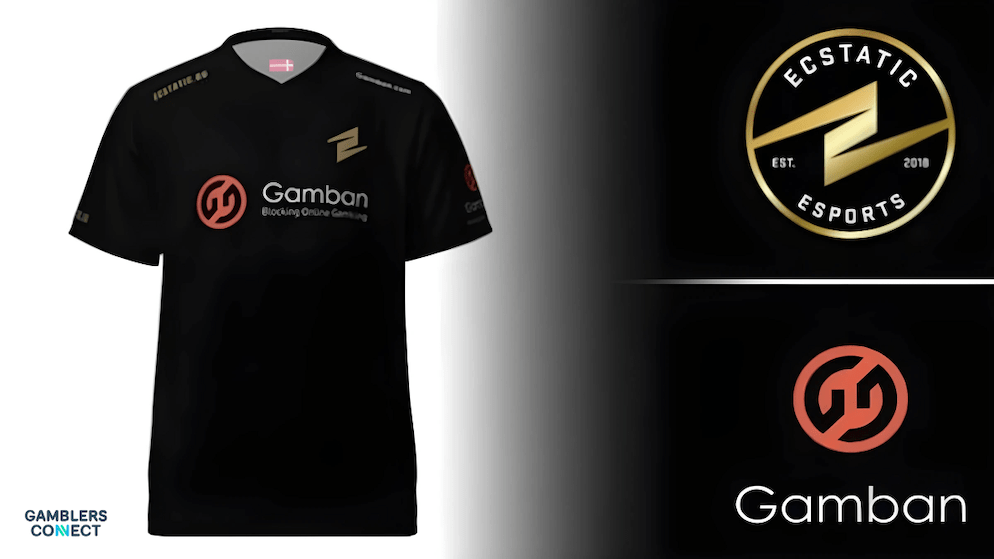 Close-up of the Ecstatic esports jersey showing the Gamban logo, alongside separate logos for Ecstatic Esports and Gamban, illustrating their new collaboration.