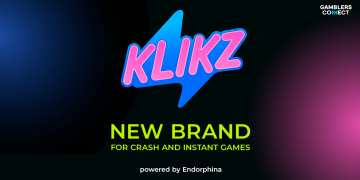 The Klikz logo, a pink wordmark with a blue lightning bolt on a dark background, announcing Endorphina's new brand for crash and instant games.