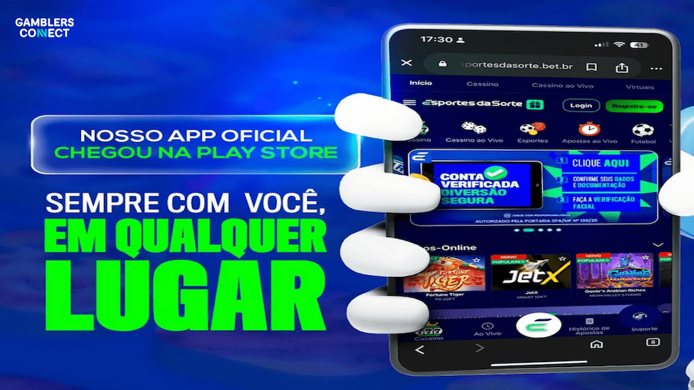 A close-up of the Esportes da Sorte mobile application interface on an Android phone, showcasing its user verification process, various casino games like "Fortune Tiger" and "JetX," and overall modern design, emphasizing convenience and security.
