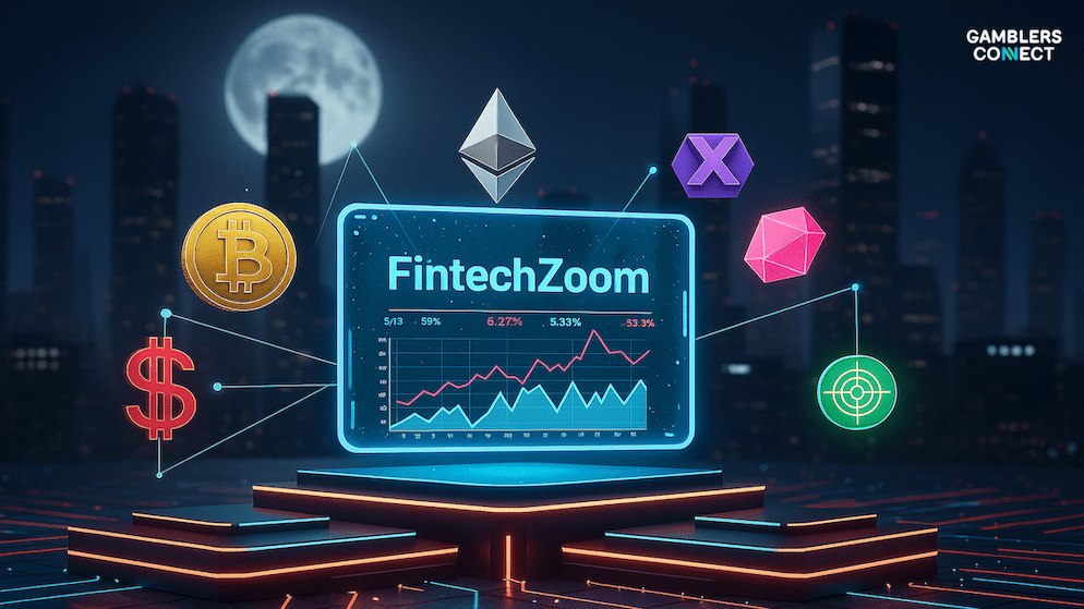 The FintechZoom platform's glowing digital interface showcasing a detailed Bitcoin price chart and market data, surrounded by various cryptocurrency icons in a tech-centric environment.