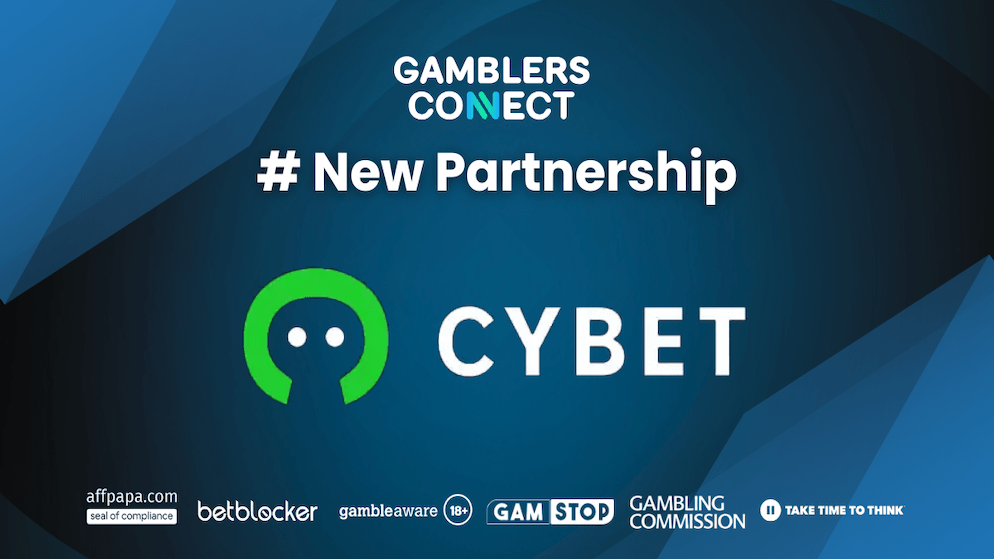 Gamblers Connect and Cybet Casino logos side-by-side, marking their partnership, surrounded by responsible gambling organization badges, emphasizing a commitment to player safety.