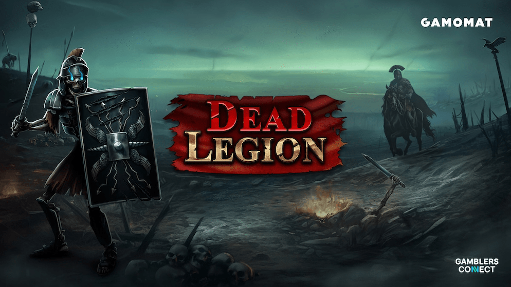 Promotional art for GAMOMAT's Dead Legion slot, showing a skeletal Roman legionary ready for battle with the game title in a spooky font, against a dark, misty battlefield backdrop.