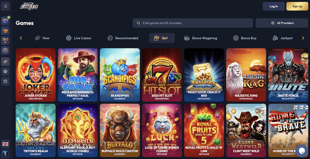 A view of the extensive online slots library at Gangsta Casino, featuring popular titles like "Big Catch," "Majestic King," "Gates of Olympus 1000," and "Buffalo Canyon." The interface shows a search bar indicating over 9,000 games are available.