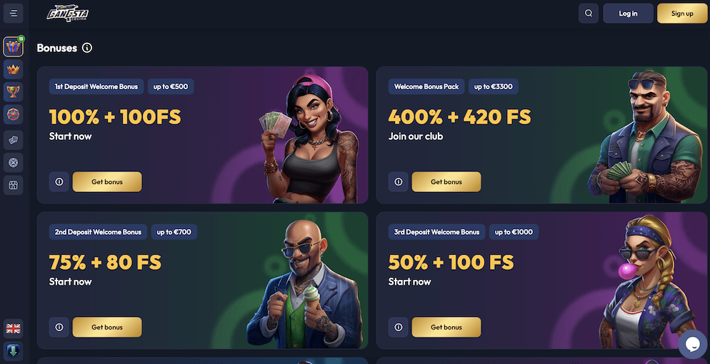 A close-up of the welcome bonus promotions available at Gangsta Casino. The image highlights the "1st Deposit Welcome Bonus" of 100% + 100 Free Spins and the full "Welcome Bonus Pack" of up to €3,300.