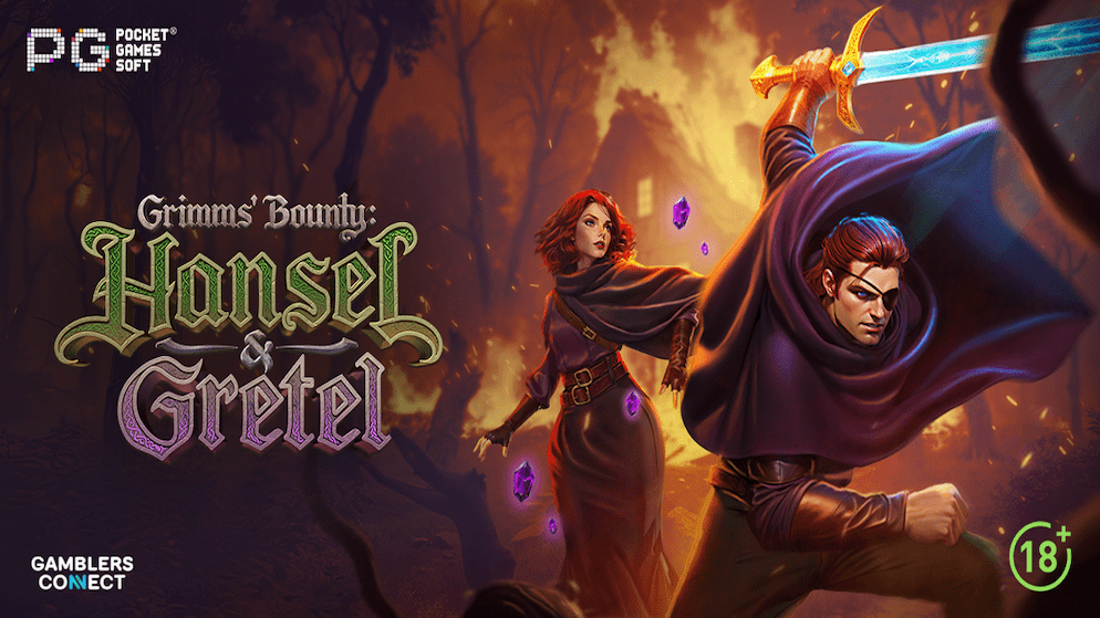 Promotional art for PG Soft's Grimms' Bounty: Hansel & Gretel slot game.