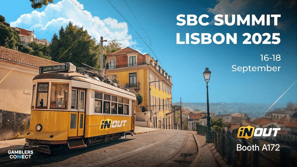 Promotional image for InOut Games' attendance at SBC Summit Lisbon 2025, showing a classic yellow tram with the InOut Games logo on a hilly Lisbon street, alongside event dates (September 16-18) and booth number (A172).