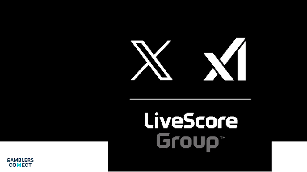 The logos of LiveScore Group, X (formerly Twitter), and xAI are displayed together, announcing a major partnership to integrate AI and real-time social data into sports betting.