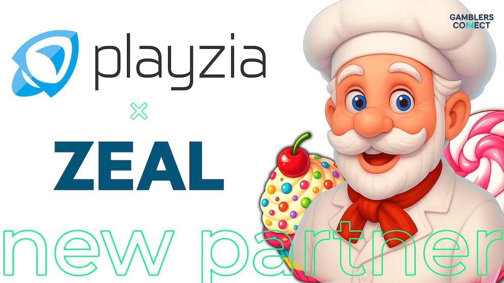 A promotional image featuring the logos of Playzia and ZEAL, with the text 'new partner' and a cheerful cartoon chef holding a giant lollipop, symbolizing their content partnership for the German iGaming market.