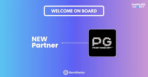 Official announcement graphic: "WELCOME ON BOARD" and "NEW Partner" with the PG Soft logo, indicating a partnership between RankRadar and Pocket Games Soft.