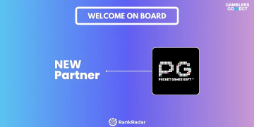 Official announcement graphic: "WELCOME ON BOARD" and "NEW Partner" with the PG Soft logo, indicating a partnership between RankRadar and Pocket Games Soft.