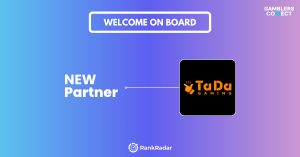 An announcement graphic with "WELCOME ON BOARD" at the top and "NEW Partner" on the left, pointing to the black TaDa Gaming logo against a gradient blue background. The RankRadar logo is at the bottom.