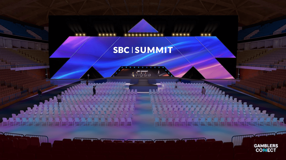 The empty main hall of the SBC Summit Lisbon, with the stage set for Day 2 discussions on gaming regulation, affiliation, and player protection.
