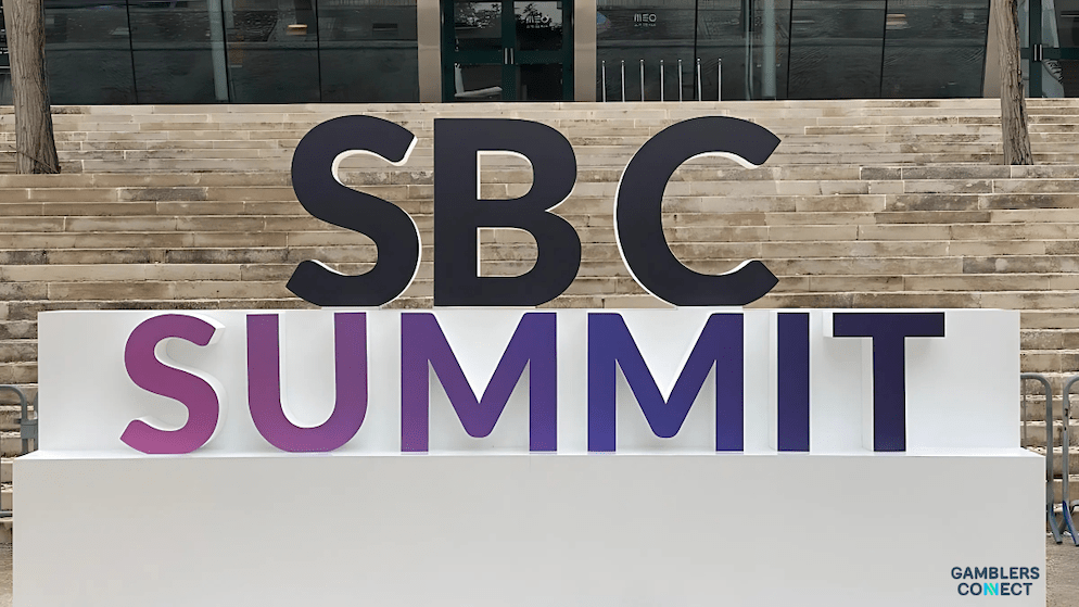 The welcome sign for the SBC Summit, marking the start of Day 3's discussions on iGaming technology and emerging markets in Lisbon.