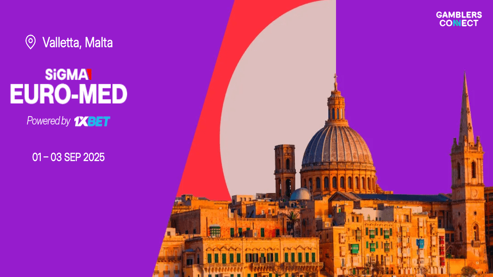"SiGMA Euro-Med 2025 dates and location in Valletta, Malta, powered by 1xBet, with the Gamblers Connect logo visible."