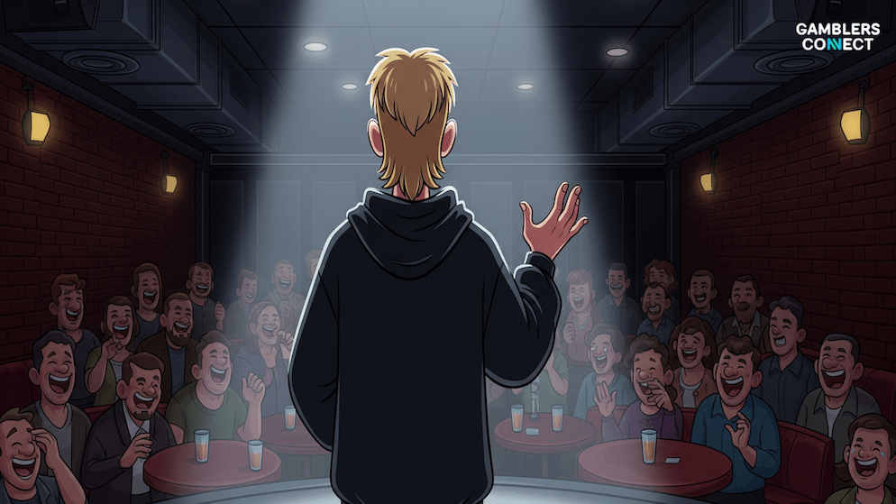 Cartoon depiction of a comedian with a blonde mullet, seen from behind, gesturing to a laughing comedy club audience, representing Theo Von's live performance style.