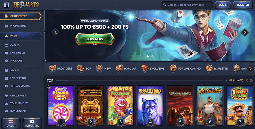 Betwarts Casino homepage showing a Harry Potter-inspired wizard casting a spell, a welcome bonus banner of 100% up to €500 + 200 FS, and rows of popular online slot games like Sweet Bonanza.