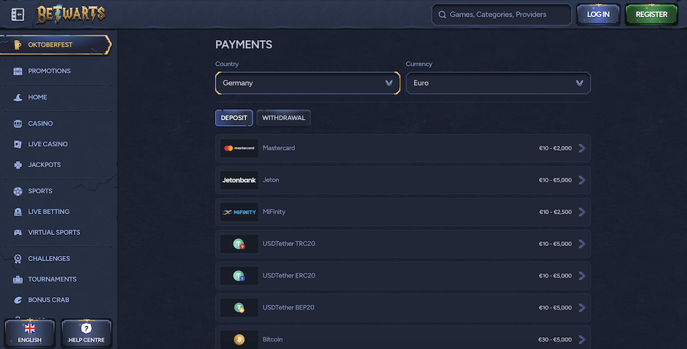  Betwarts Casino's payment methods page, showing options for deposit and withdrawal including Mastercard, Jeton, MiFinity, USDT, and Bitcoin, with country and currency selectors.