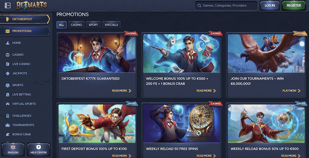 The promotions page of Betwarts Casino, featuring various bonuses like the Oktoberfest offer, Casino Welcome Bonus, First Deposit Bonus for Sports, Weekly Reload, and tournaments, all with a wizardry theme.