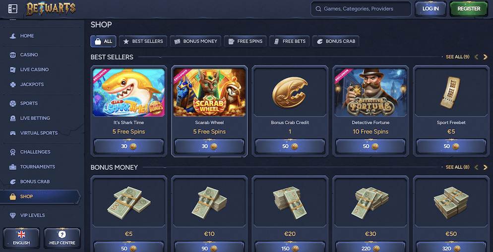 A screenshot of Betwarts Casino's Shop, where players can exchange earned coins for rewards such as free spins on various slots, Bonus Crab Credits, free bets, and bonus money.