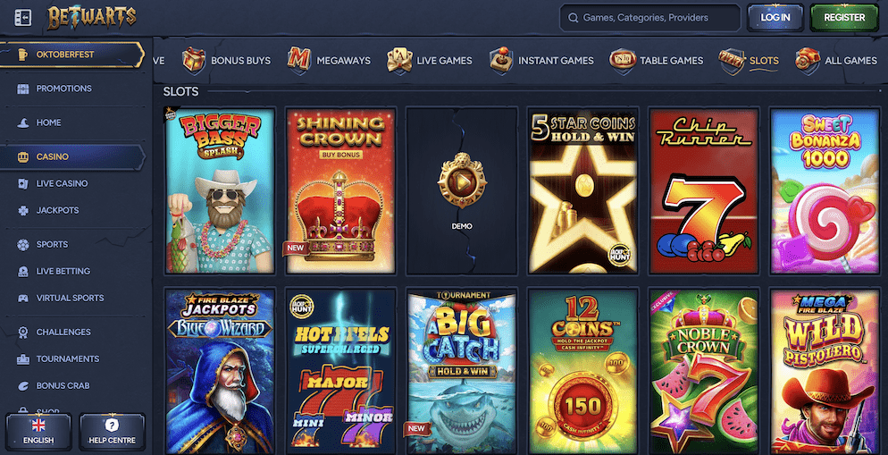 A screenshot of Betwarts Casino's extensive slots library, displaying various game titles such as Bigger Bass Splash, Shining Crown, and Sweet Bonanza, with navigation for different slot categories.