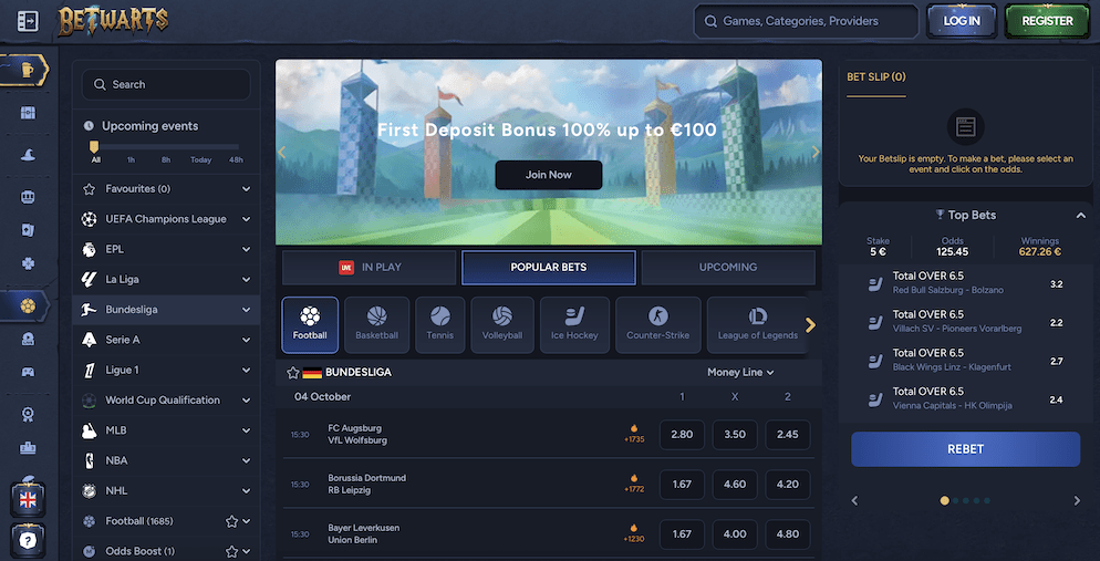 Betwarts Casino's sportsbook interface, displaying football betting markets for the Bundesliga, with popular bets, in-play options, and a bet slip.