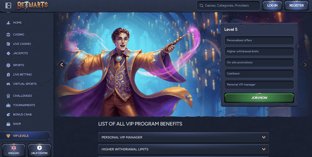 The VIP Levels page at Betwarts Casino, showing a wizard illustration and listing benefits for Level 5 members, including a personal VIP manager, higher withdrawal limits, and cashback.