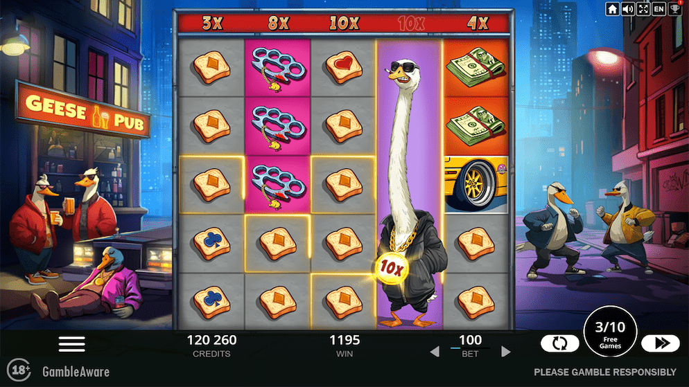 Gameplay screenshot of Belatra's Long Neck Fortune slot, showing the expanded Wild Goose symbol with a 10x multiplier, surrounded by various game symbols and a street-themed background.
