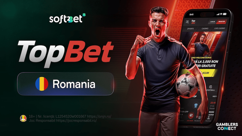 A visual showing the TopBet.ro brand with the Romanian flag, alongside an excited football fan and a mobile screenshot of the platform, highlighting its mobile-first design and focus on local sports culture for Soft2Bet's new venture.