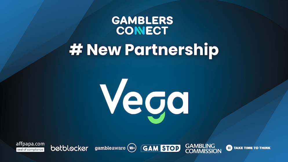 The official announcement graphic for the partnership between Gamblers Connect and Vega bet Casino, featuring both brand logos and the hashtag "# New Partnership," highlighting their shared commitment to a transparent online gambling experience.