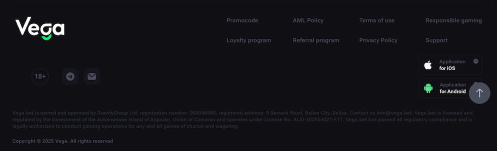 The footer section displaying licensing information (Anjouan license), copyright, social media icons, and prominent download links for its mobile application on iOS and Android devices.