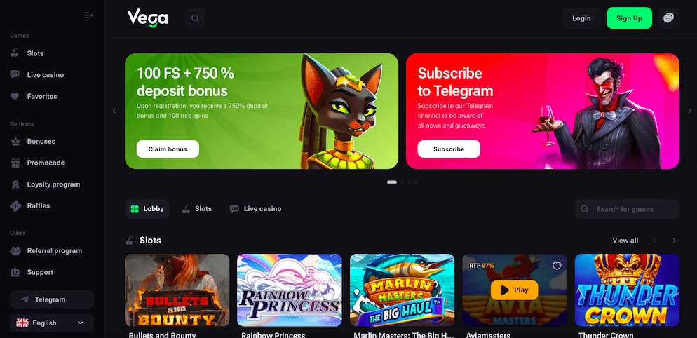 The login/registration pop-up window for Vega Bet Casino, showing fields for email and password, options for social media login, and a reminder of the "100 FS + 750% deposit bonus" with a stylized yeti character.
