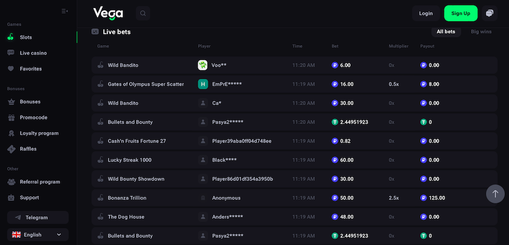 A screenshot of Vega Bet Casino's "Live bets" feed, displaying real-time wagers and winnings from other players on various games like "Wild Bandito" and "Gates of Olympus Super Scatter," fostering a sense of community.