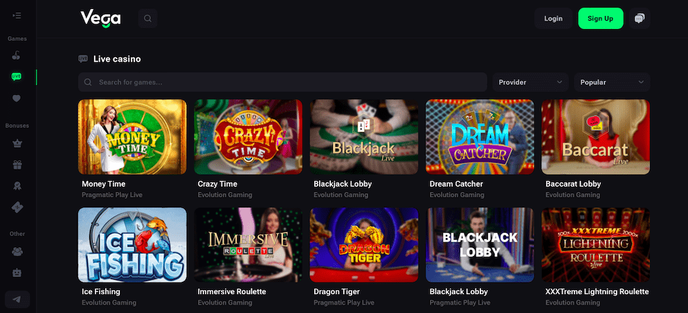 The Live Casino section of Vega Bet Casino, showing popular live dealer games such as "Money Time Live," "Crazy Time," "Blackjack Lobby," and "Baccarat Lobby" from providers like Evolution Gaming and Pragmatic Play Live.