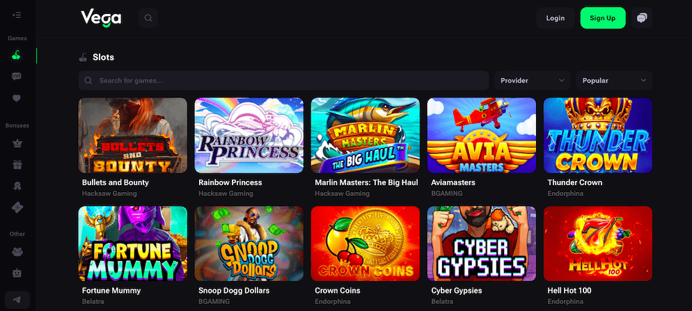 A detailed view of Vega Bet Casino's slots section, displaying a wide array of games from various providers such as Hacksaw Gaming, BGaming, and Endorphina, including titles like "Fortune Mummy" and "Cyber Gypsies."