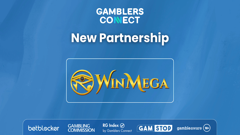 Partnership graphic between Gamblers Connect and WinMega, emphasizing compliance and player protection seals like the Gambling Commission and BetBlocker.