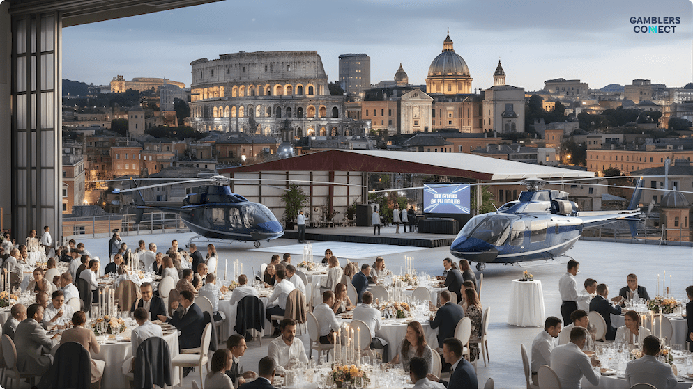 Senior iGaming executives networking at the luxurious Aero Privé Roma event, where helicopters are featured as part of the unique experience, with the historic city of Rome visible behind them.