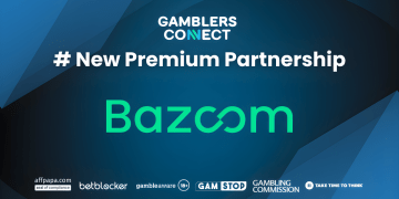 Promotional image announcing a new premium partnership between Gamblers Connect and Bazoom, featuring both company logos and the text "# New Premium Partnership".