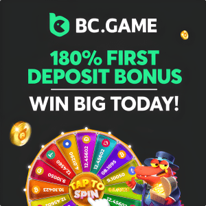A promotional image for BC.GAME casino showing its crocodile mascot next to a prize wheel, offering new players a 180% first deposit bonus.