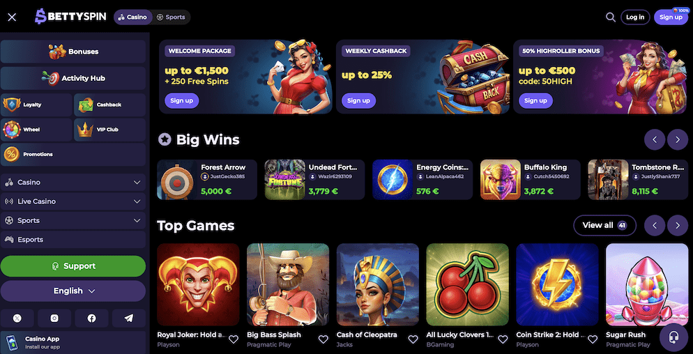 The official logo for BettySpin Casino with its "Feel the game" tagline displayed on a promotional graphic with a stylized female character.