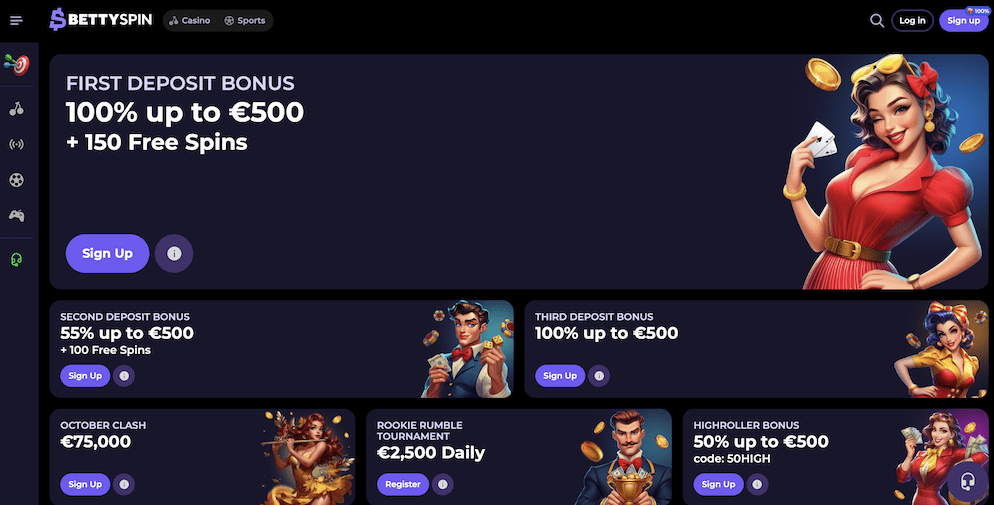 A promotional banner for the BettySpin Casino Welcome Bonus, detailing the three-part offer for the first, second, and third deposits.