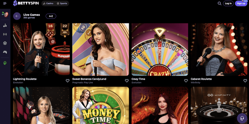 The Live Casino section at BettySpin, displaying options for various live dealer games such as Live Blackjack, Live Roulette, and Live Baccarat.
