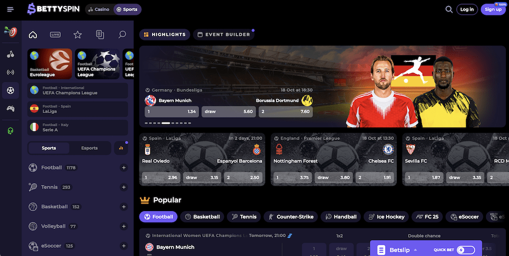 The user interface of the BettySpin Sportsbook, showing live in-play betting markets and odds for a football match.