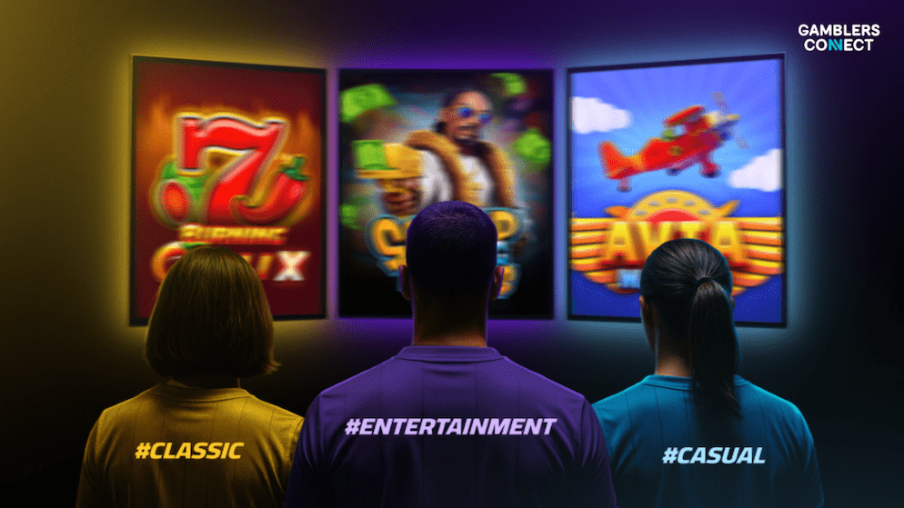 People facing three glowing game screens labeled #CLASSIC, #ENTERTAINMENT, and #CASUAL, representing BGaming's refreshed game classification system for its Italian market expansion.
