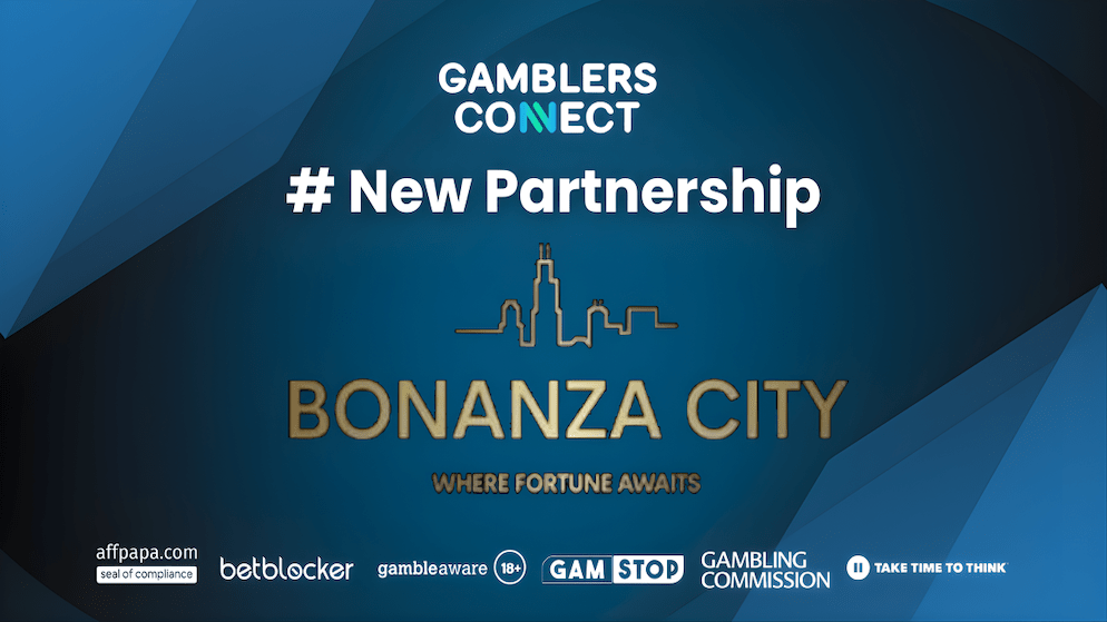 The Bonanza City Casino logo with a city skyline outline, positioned below the Gamblers Connect logo, and "# New Partnership" text, all on a blue gradient background. This signifies their new collaboration.