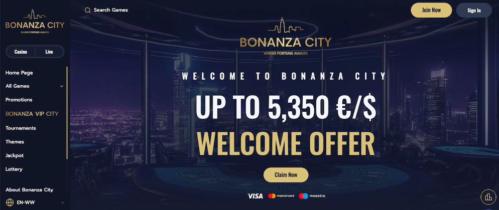 The Bonanza City Casino homepage showing a "WELCOME TO BONANZA CITY" banner with a "UP TO 5,350 €/$ WELCOME OFFER" on a backdrop of a futuristic city skyline and gaming tables.