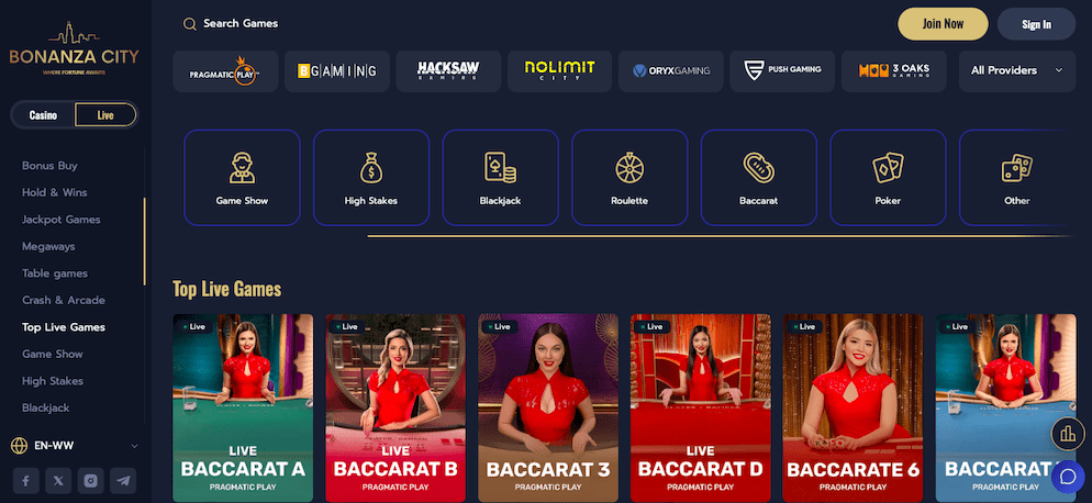 A screenshot of Bonanza City Casino's live games lobby, featuring categories like "Game Show," "High Stakes," "Blackjack," and several live Baccarat tables from Pragmatic Play Live.