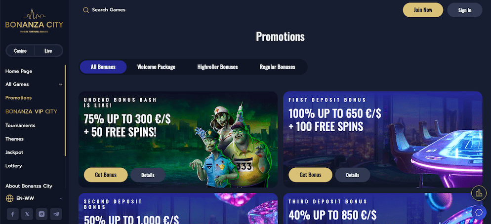 A screenshot of the Bonanza City Casino promotions page with "All Bonuses," "Welcome Package," "Highroller Bonuses," and "Regular Bonuses" tabs, showing various offers like "Undead Bonus Bash" and "First Deposit Bonus."