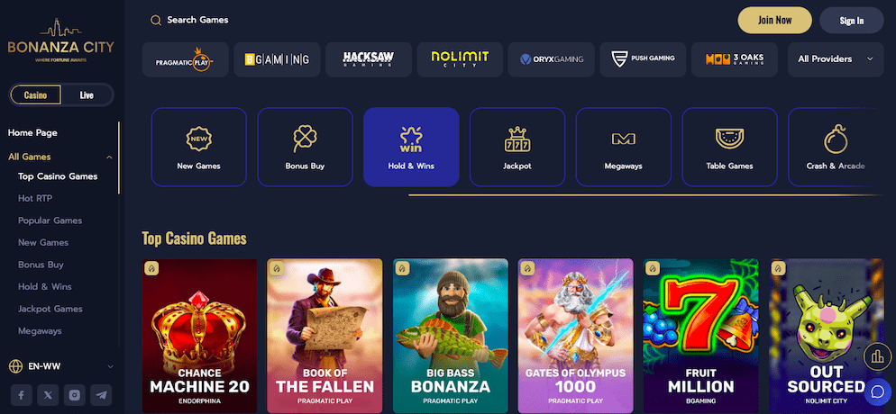 A screenshot of Bonanza City Casino's casino games lobby, showing game categories like "Hold & Wins" and "Jackpot," along with top providers (Pragmatic Play, Hacksaw, Nolimit City) and popular slots like Book of the Fallen and Gates of Olympus.